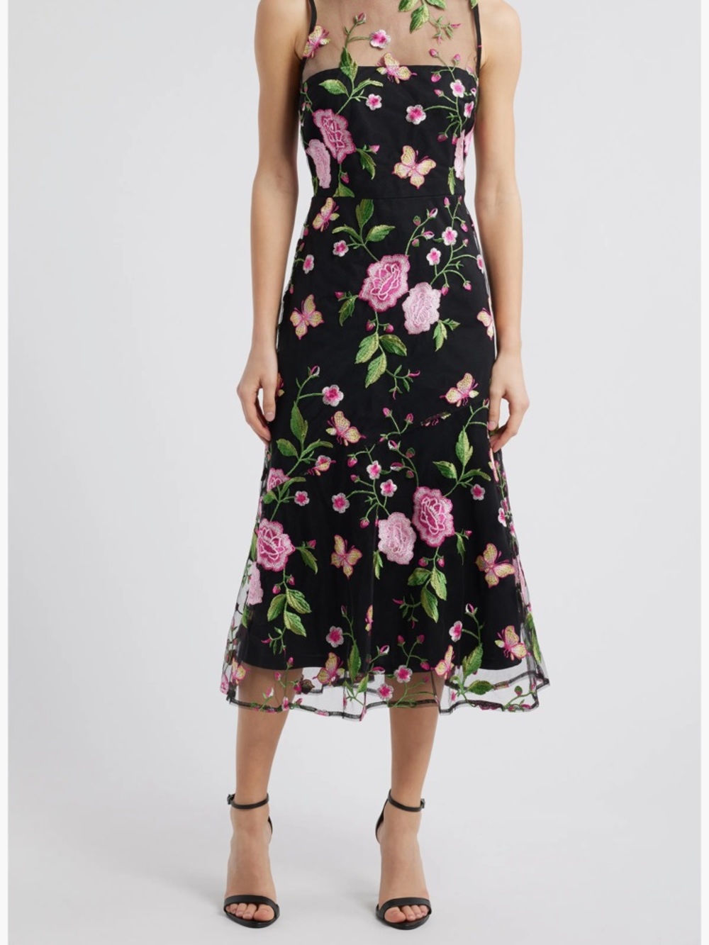 Sam Edelman Black Floral Embroidered Midi Dress with Pink Roses (2) xs